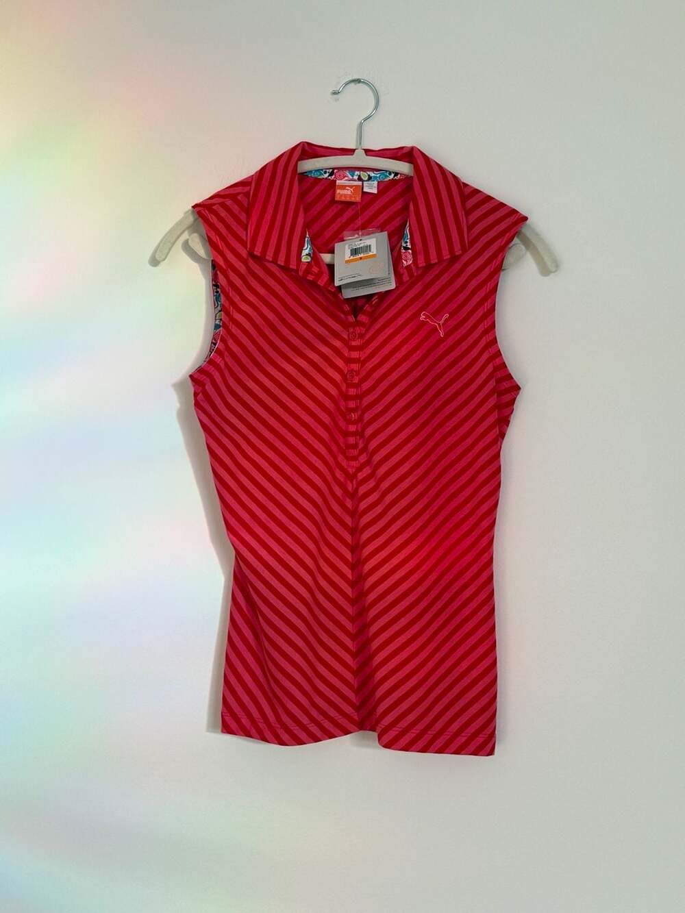 Puma Sleeveless Golf Polo Shirt Size S Pink Striped Cell nwt